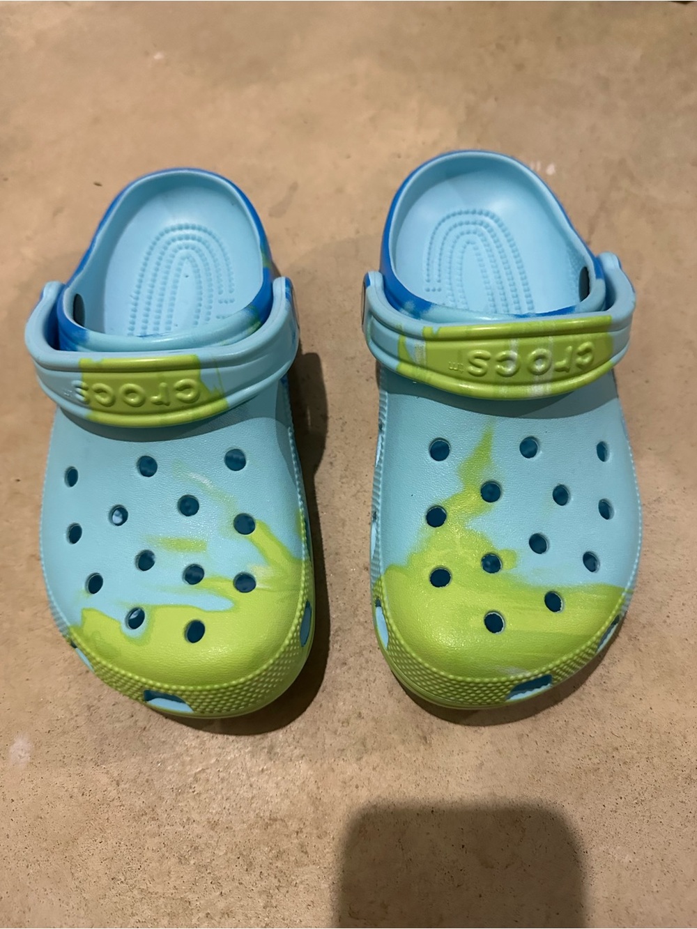 CROCS Kids' Classic Clog - Light Blue & Lime Splash, worn once, perfect
